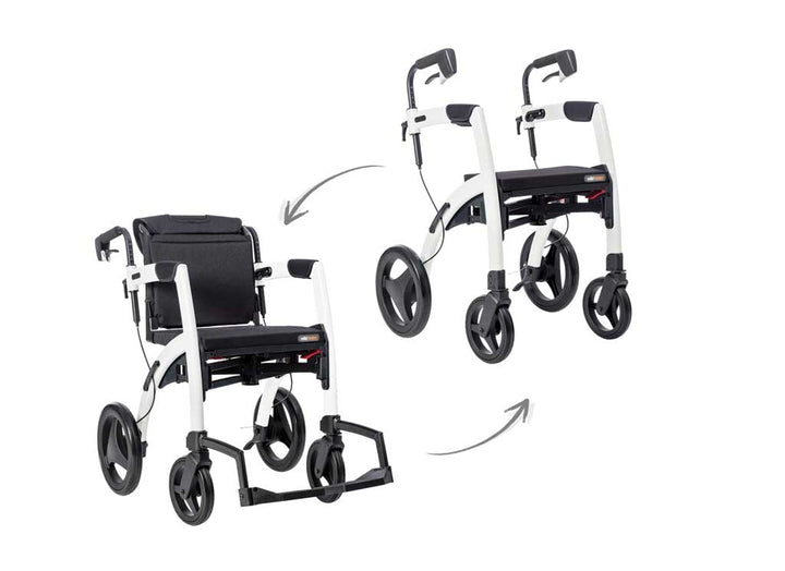 White Rollz Motion in both Rollator and Wheelchair mode on a white background