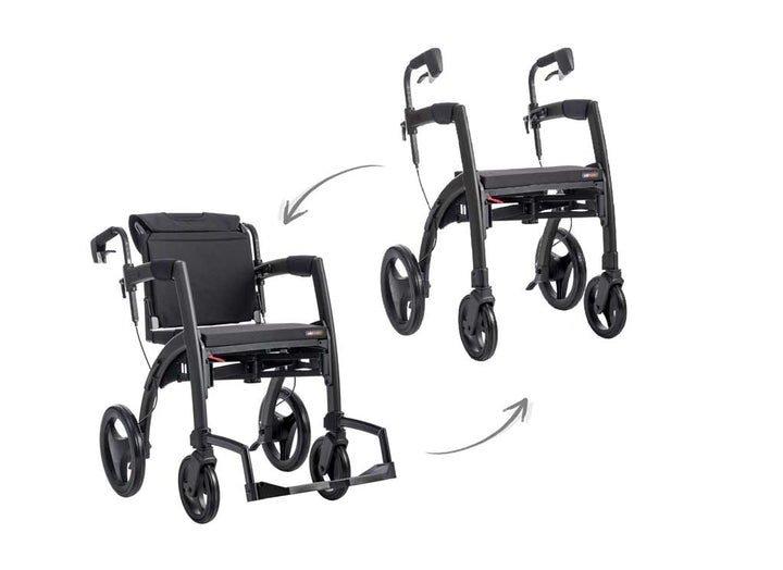 Black Rollz Motion in both Rollator and Wheelchair mode on a white background