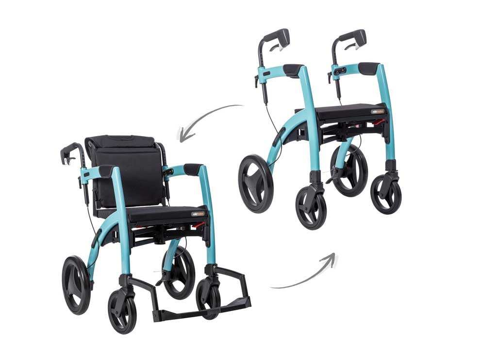 Blue Rollz Motion in both Rollator and Wheelchair mode on a white background