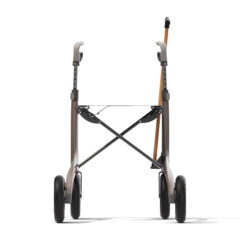 A 'byACRE Overland' walking frame with a cane attached