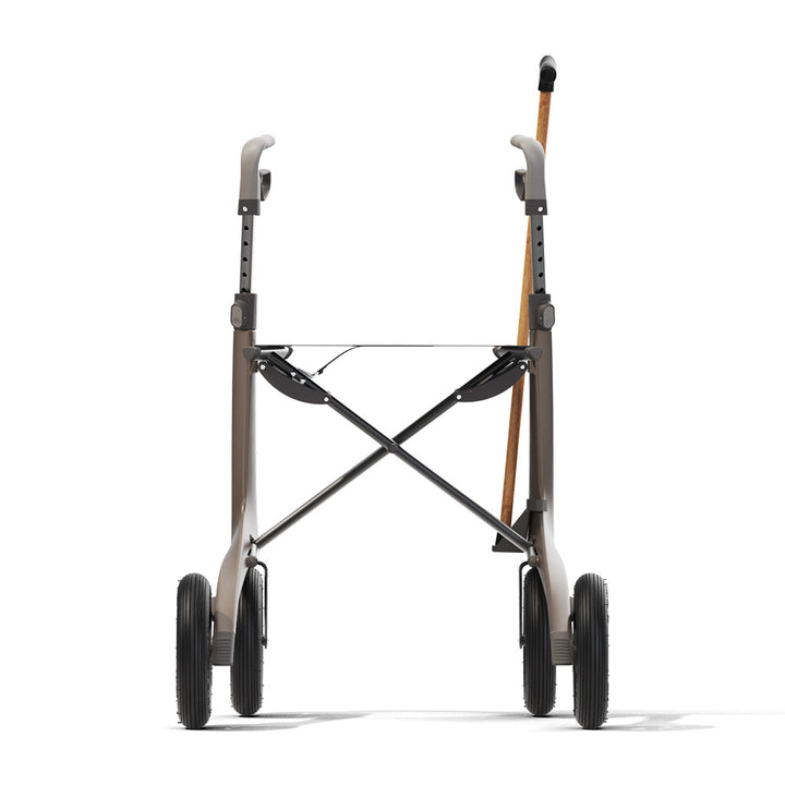 A 'byACRE Overland' walking frame with a cane attached