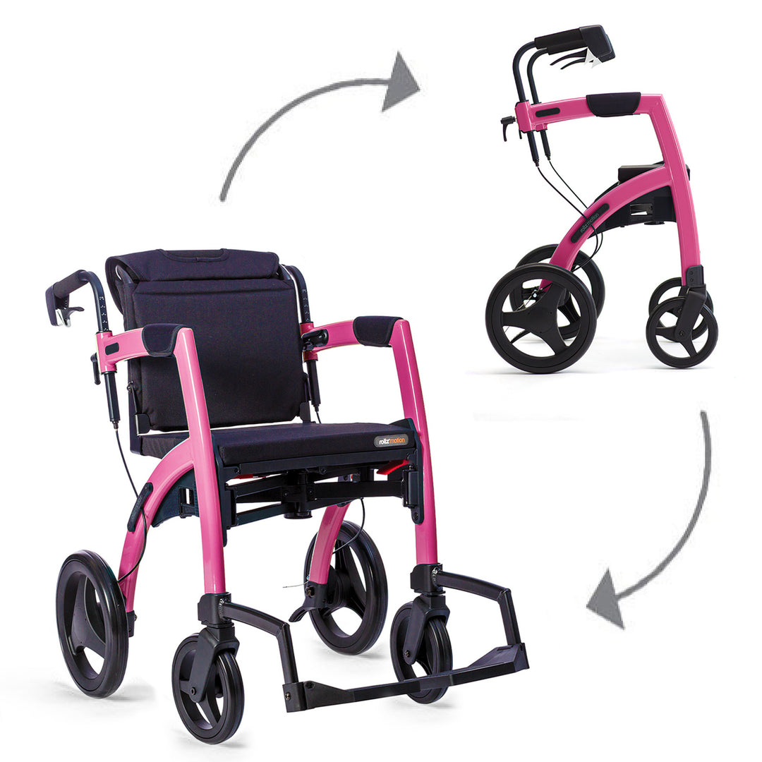 The Candy Pink colour Rollz Motion 2-in-1 walker wheelchair on a white background