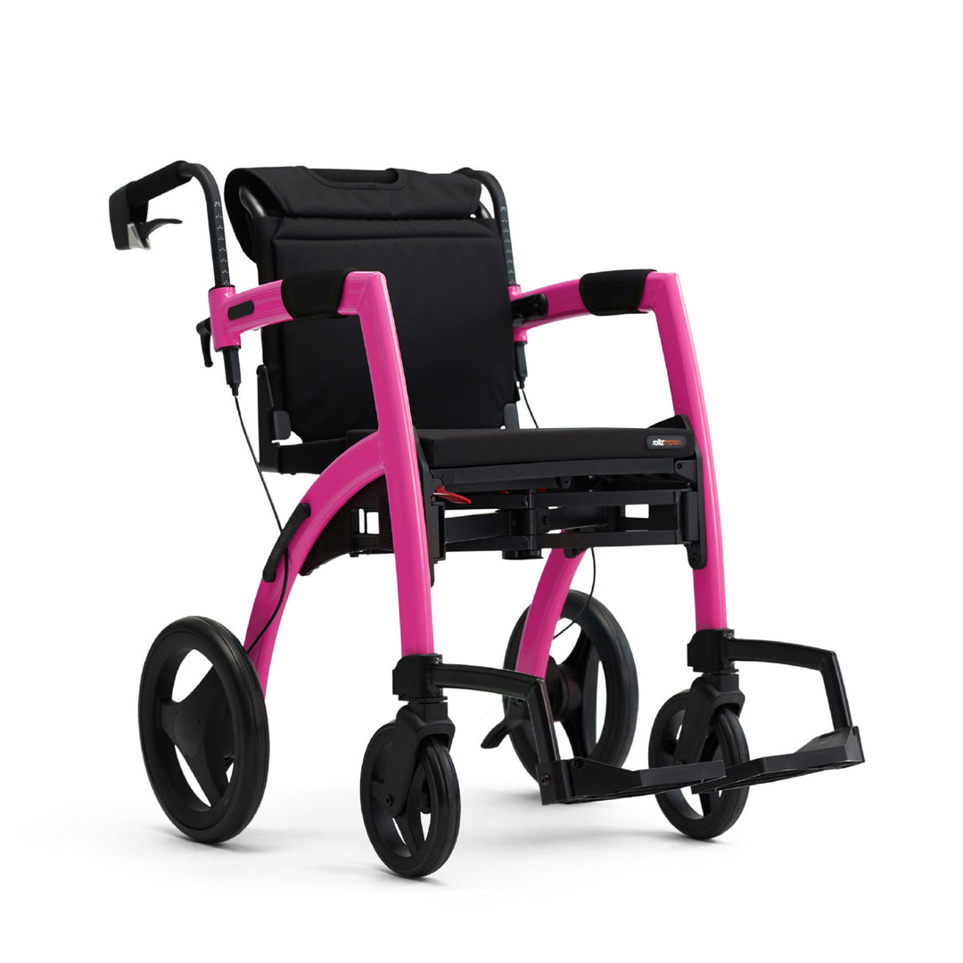 The Candy Pink colour Rollz Motion 2-in-1 walker wheelchair on a white background
