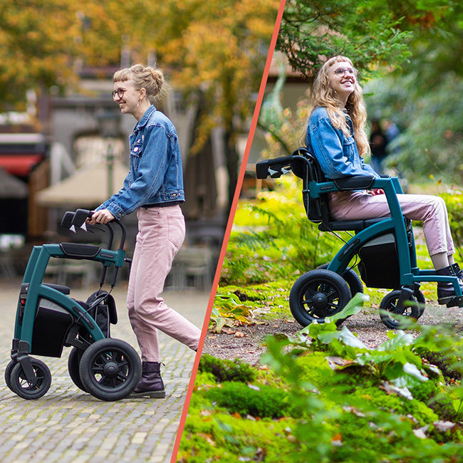 The 'Rollz Motion Performance' is used as a walking frame on the left and a wheelchair on the right.