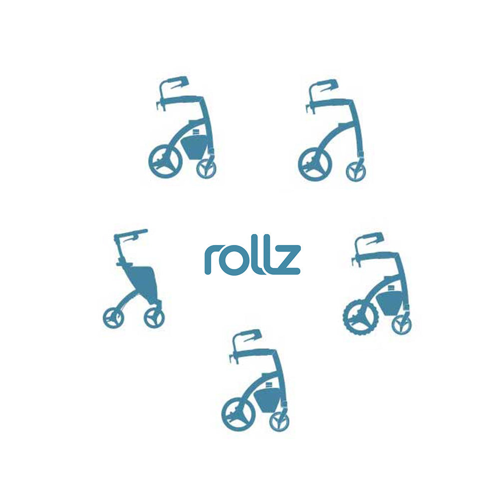 Digrames of the different models of walking frames design by 'Rollz'. The Rollz logo is in the middle.