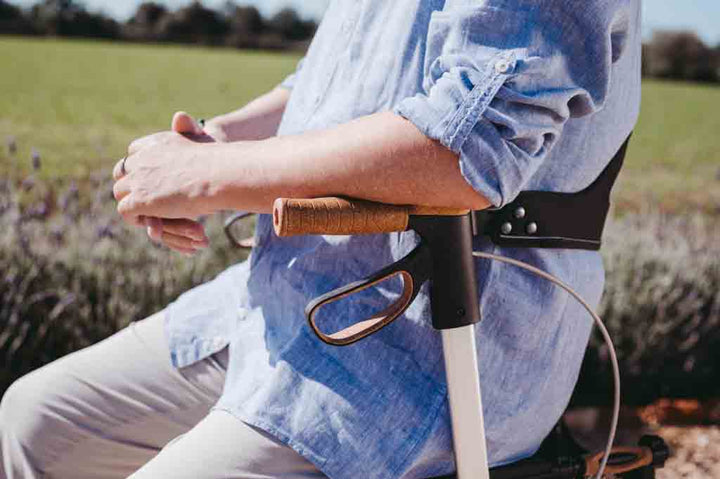 Close up of teh handles on a Saljol walking frame.