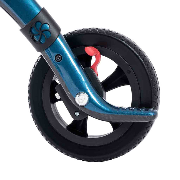 a close up on the drag brake on a carbon fibre Saljol rollator on a white background