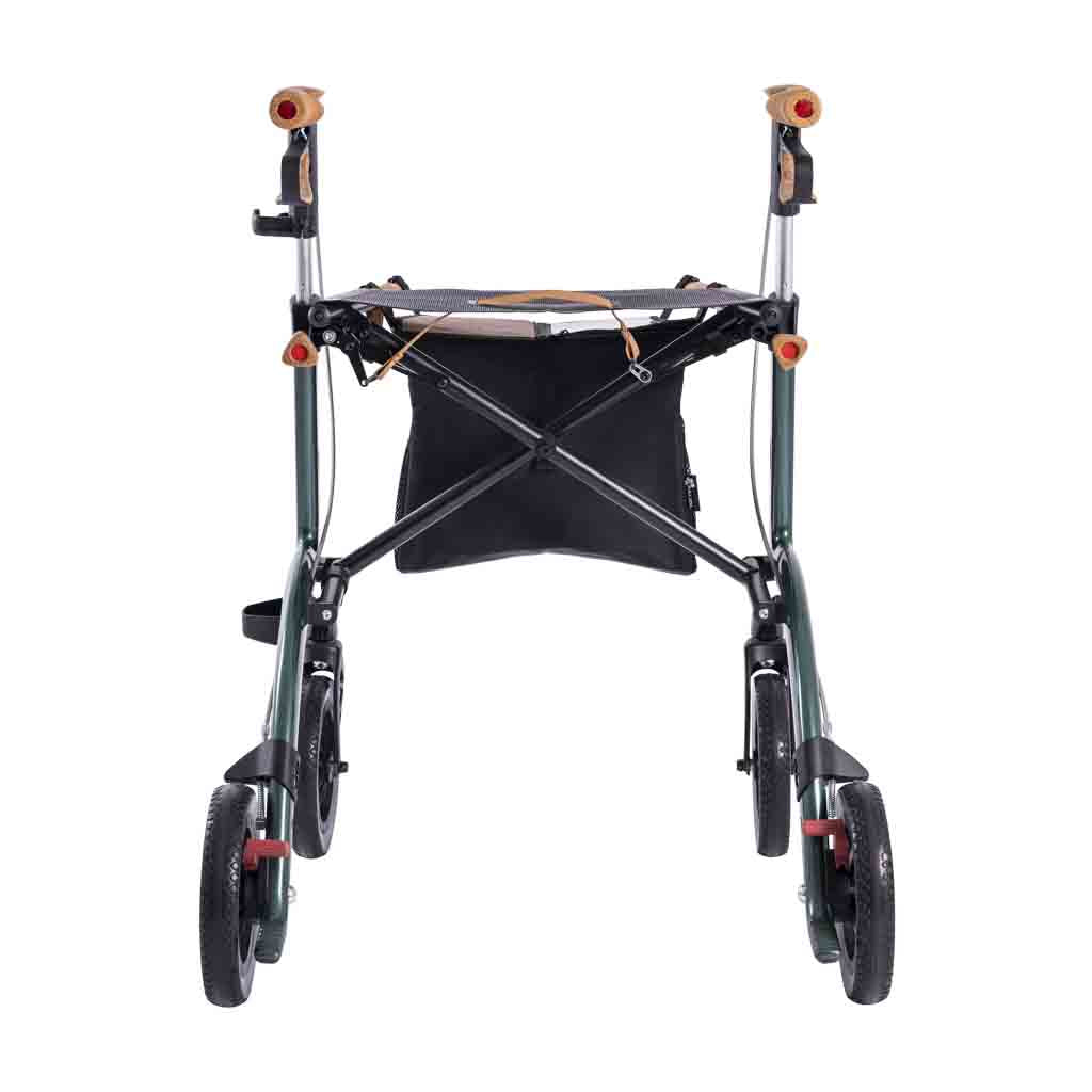 A green carbon fibre Saljol rollator on a white background