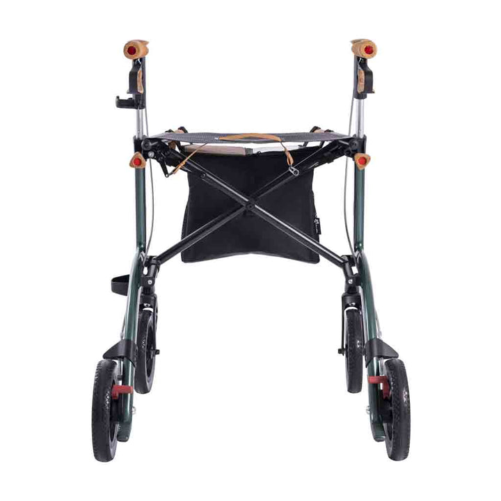 A green carbon fibre Saljol rollator on a white background