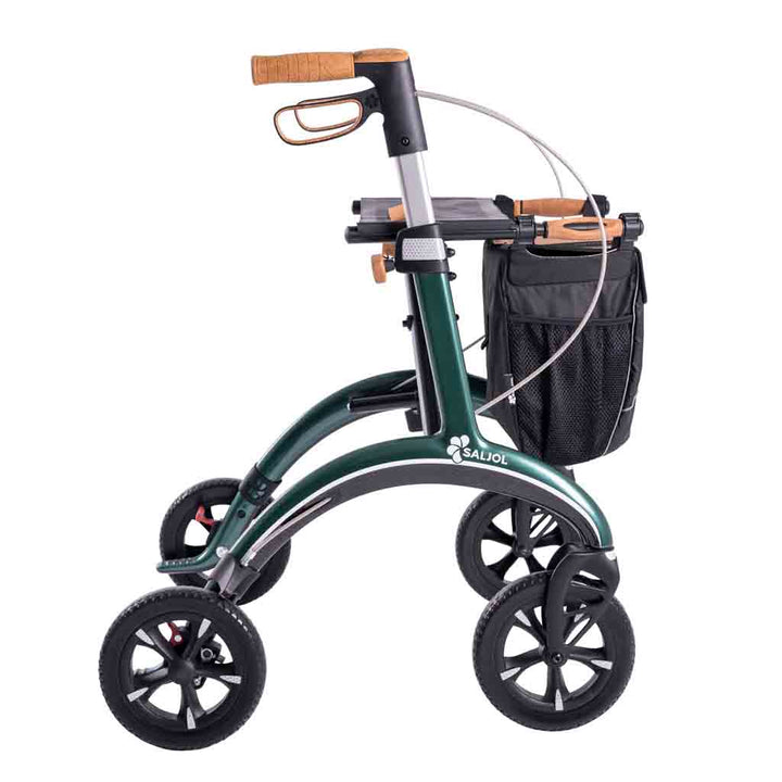 A green carbon fibre Saljol rollator on a white background