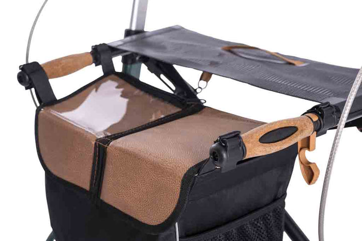 a close up of the the bag on a carbon fibre Saljol rollator on a white background