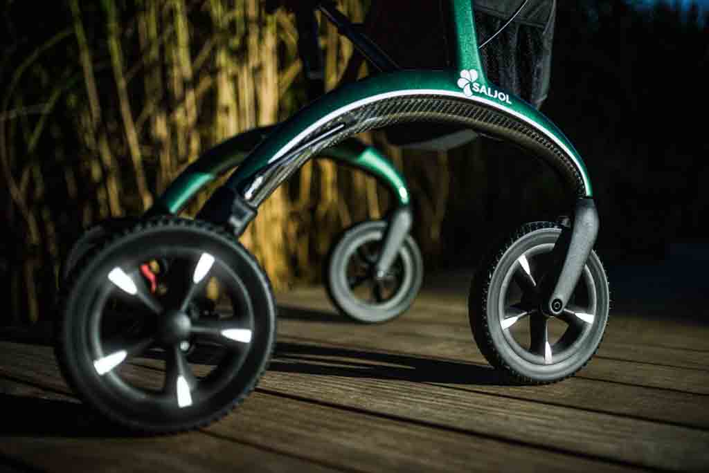 Close up of the wheels and reflectors on the Saljol Carbon Fibre Walker