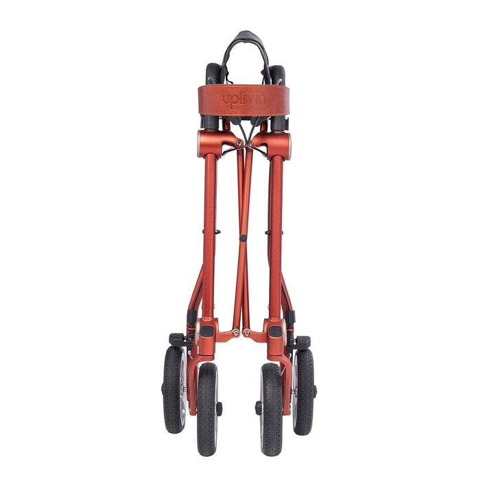 A red 'Uplivin Trive' rollator walking frame that is folded and on a white background.