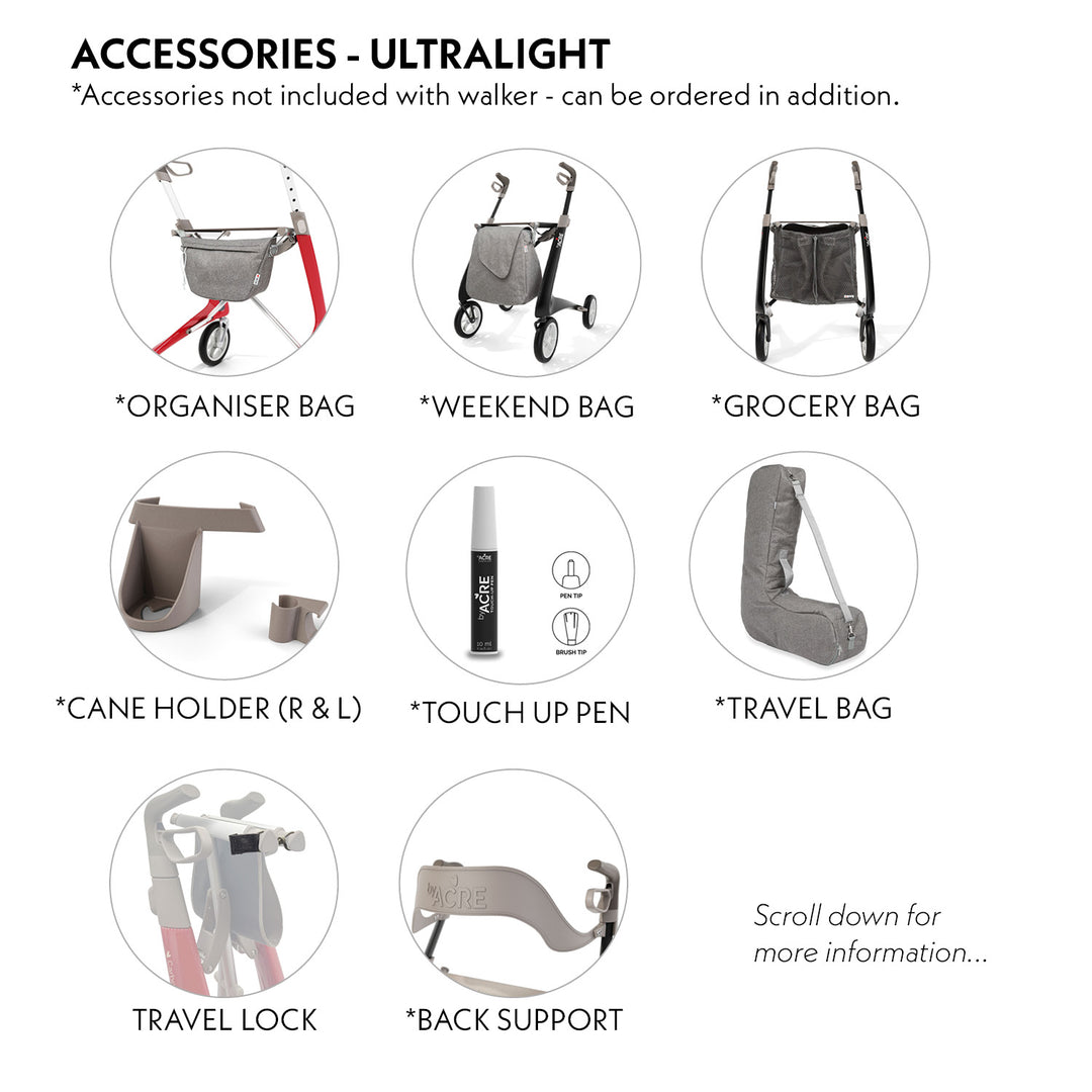 Accessories that fit onto the byACRE Carbon Ultralight walking frame