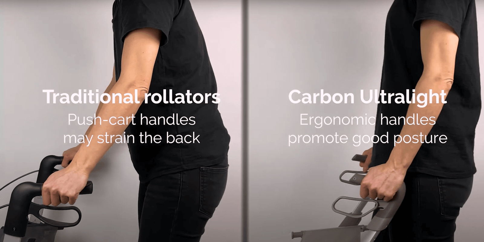 A person shows the difference of ergonomic handles and old walking frame handles on a rollator with side by side images