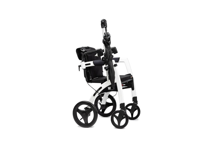 A Rollz Motion walking frame with folded umbrella attached