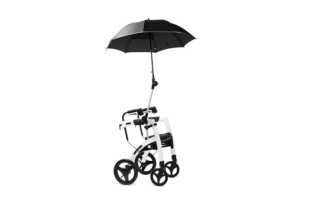 A 'Rollz Motion' rollator with an umbrella attached