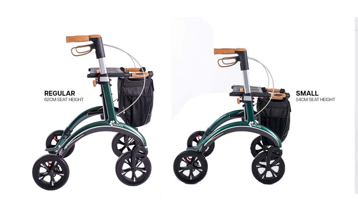 Two green Saljol Rollators with bags on a white background.