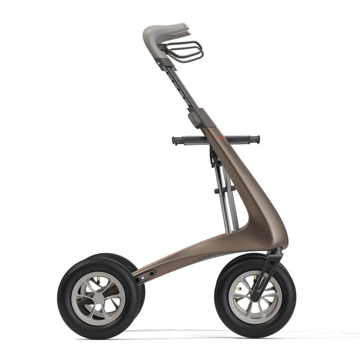 Premium offroad rollator called the 'byACRE Overland' in brown on a white background