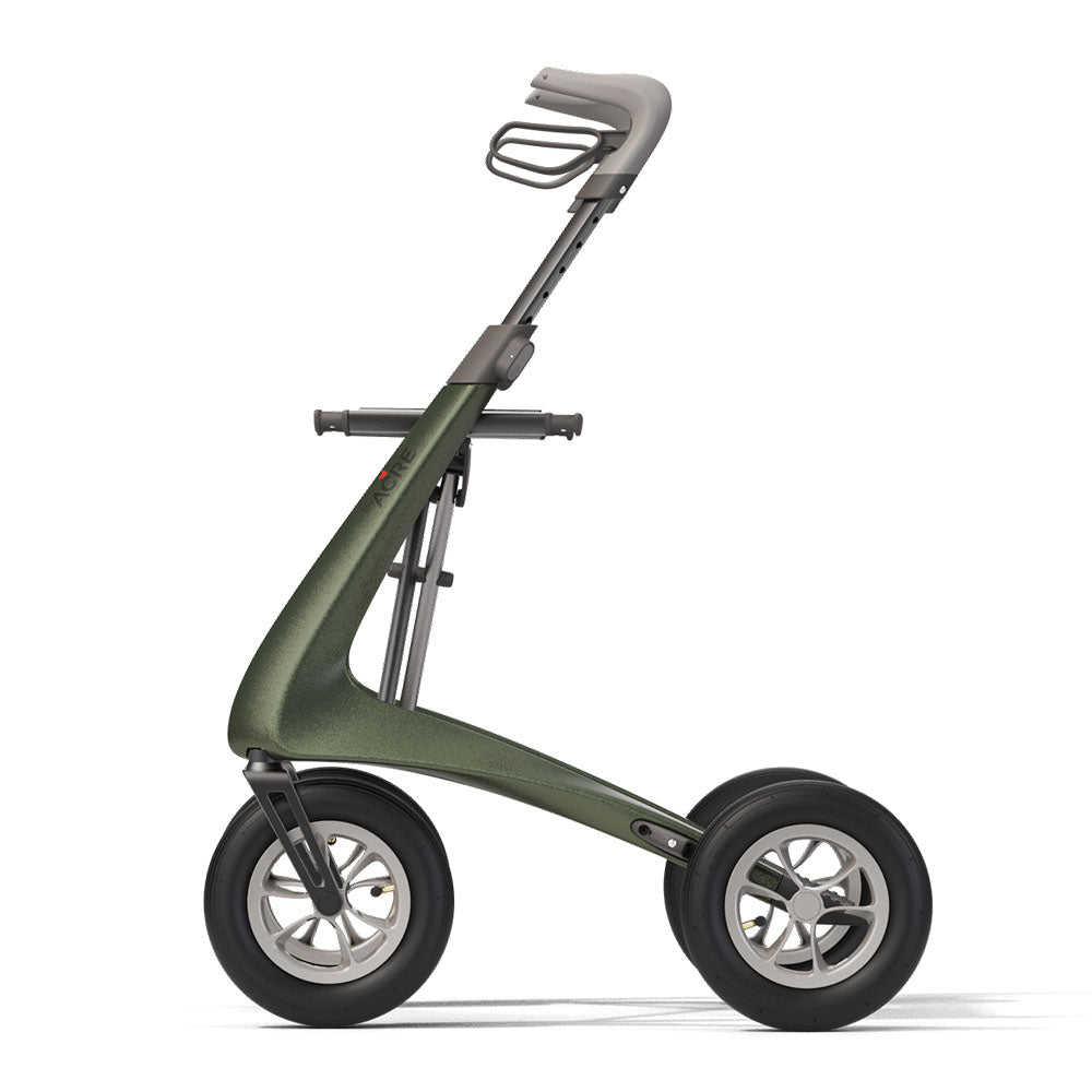 The green 'byACRE Carbon Overland' walking frame on a white background, left side.