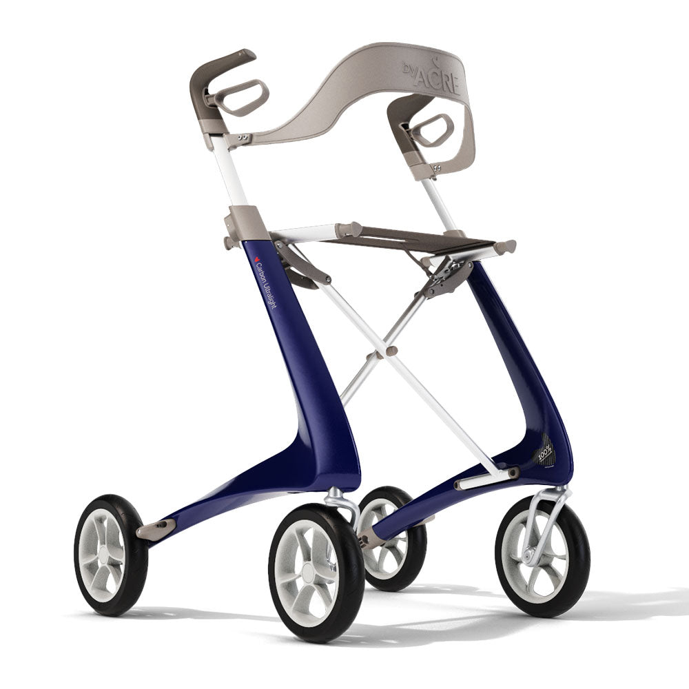 Blue 'byACRE Carbon Ultralight' rollator with backrest attached