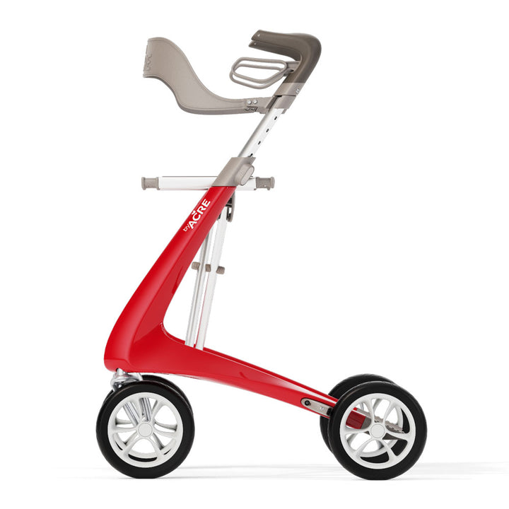 Red 'byACRE Carbon Ultralight' rollator with backrest attached