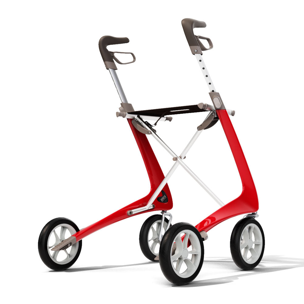 Premium lightweight walking frame in red on white background