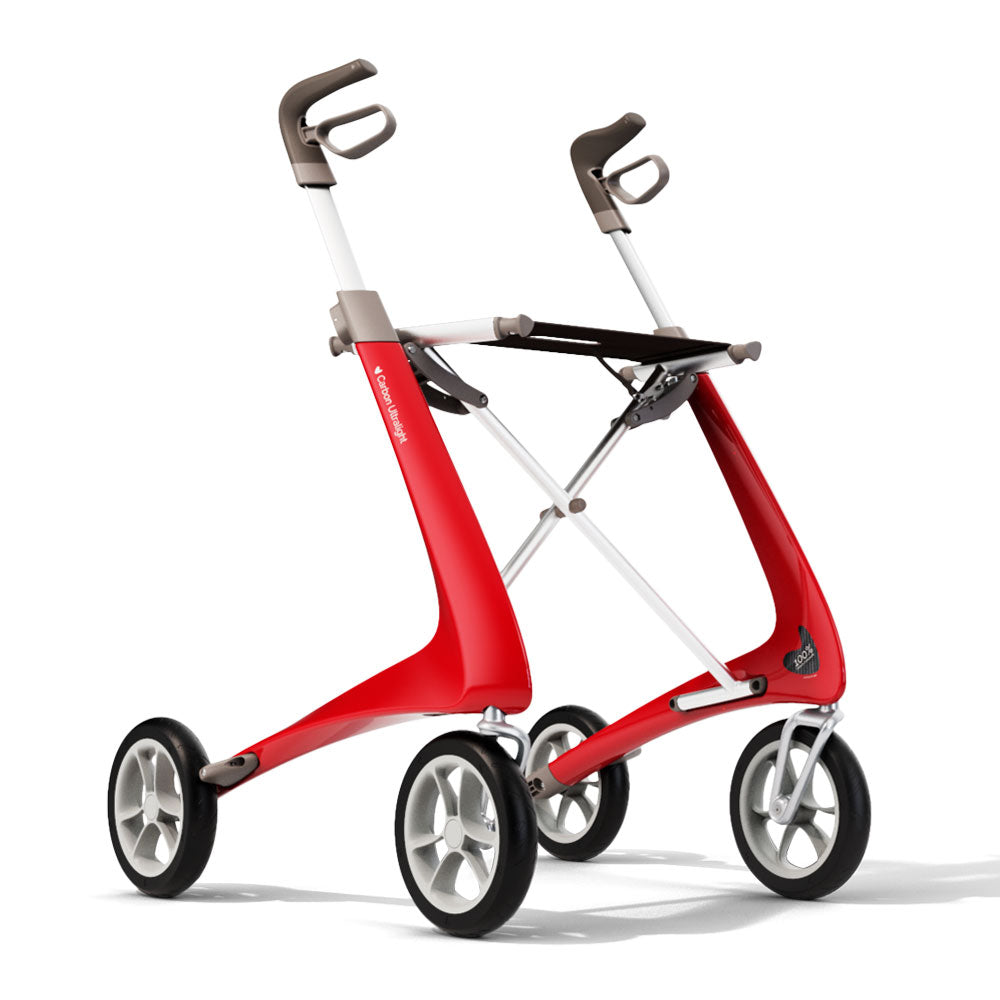 A red 'byACRE Carbon Ultralight' rollator