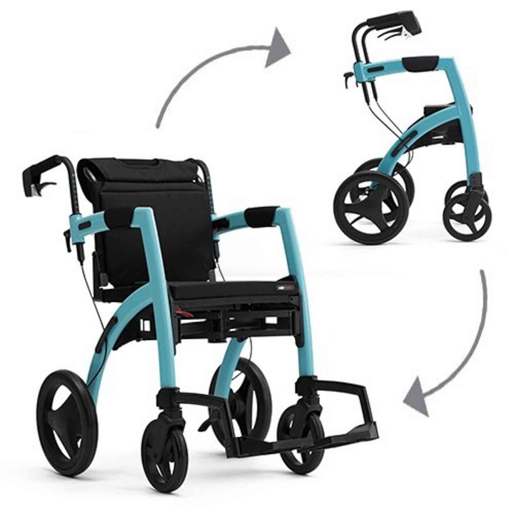 A blue 'Rollz Motion' shown as a wheelchair in foreground and in walking frame mode in the backgroud