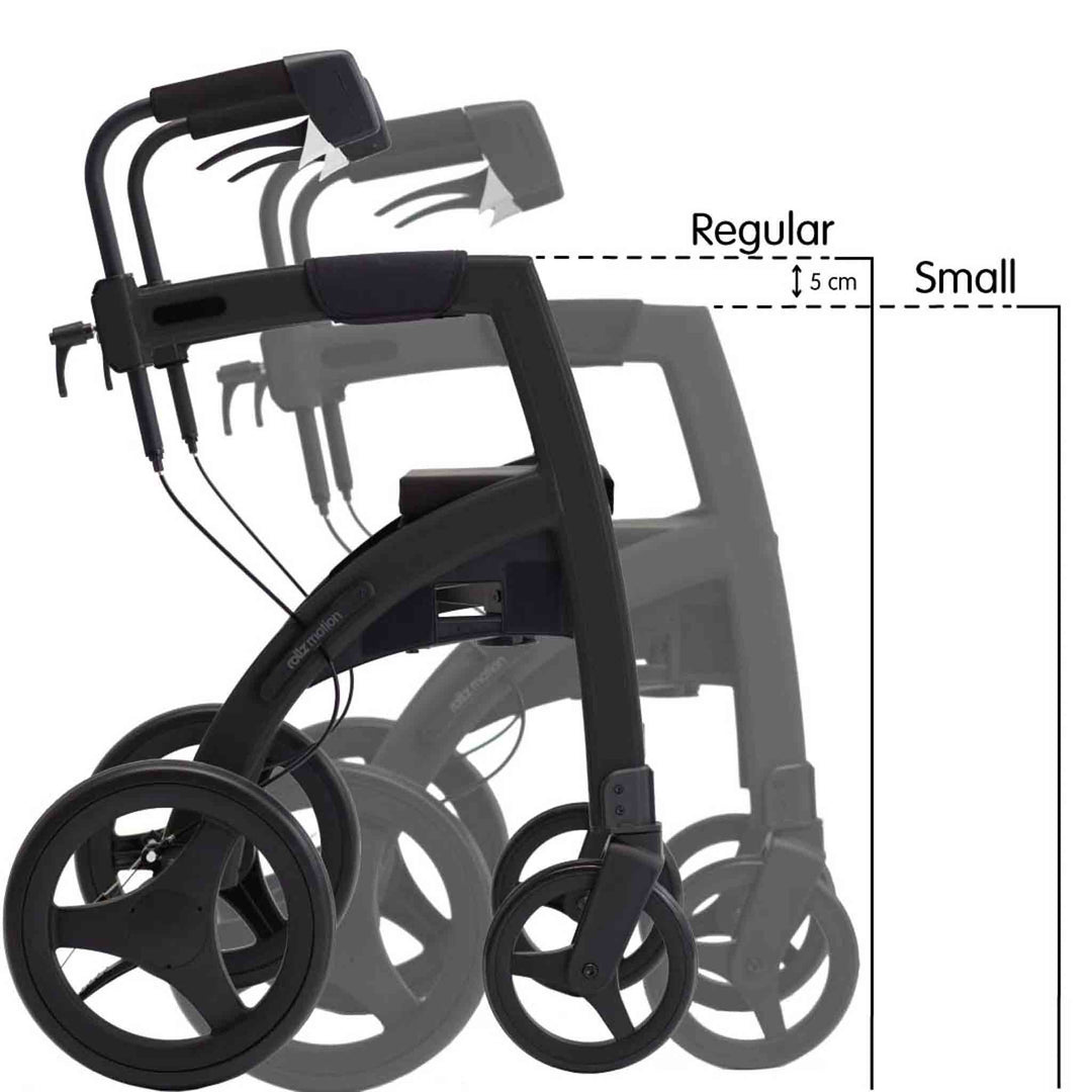 A height comparison of a small and regular 'Rollz Motion' walking frame on a white background