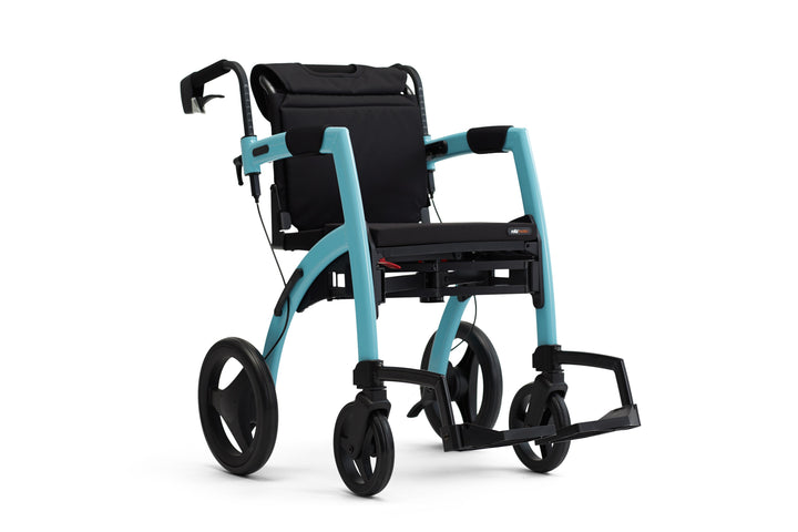 A blue Rollz Motion walking frame in wheelchair mode on a white background