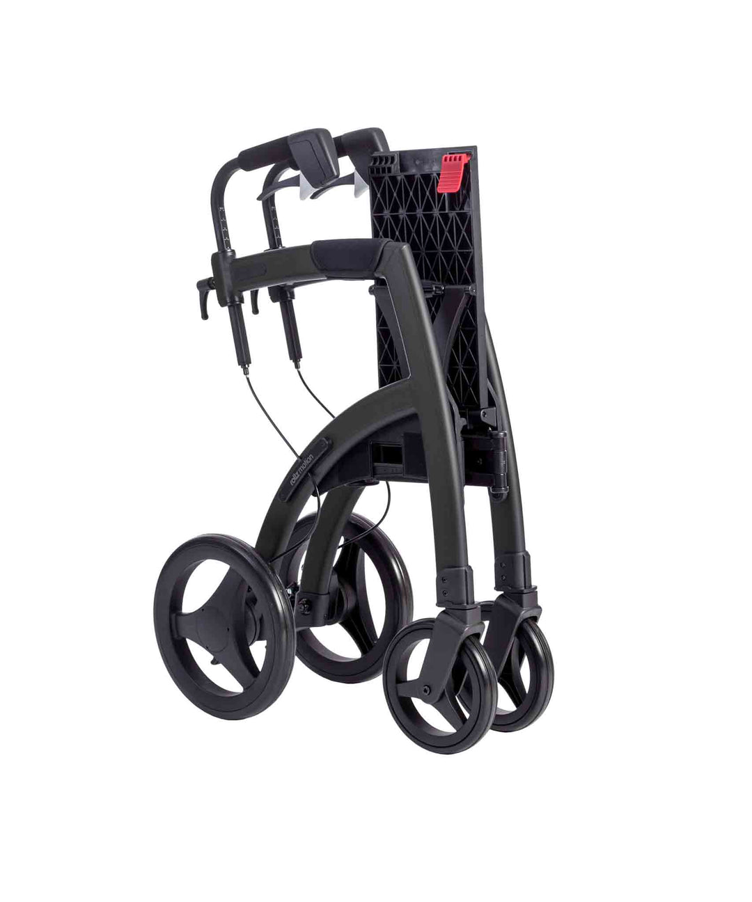 A black 'Rollz Motion' rollator folded, on a white background