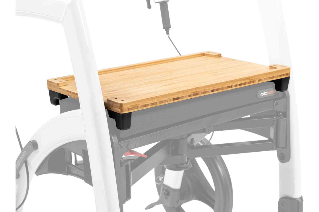 Close up of the tray that fits on a 'Rollz Motion' walking frame, on a white background