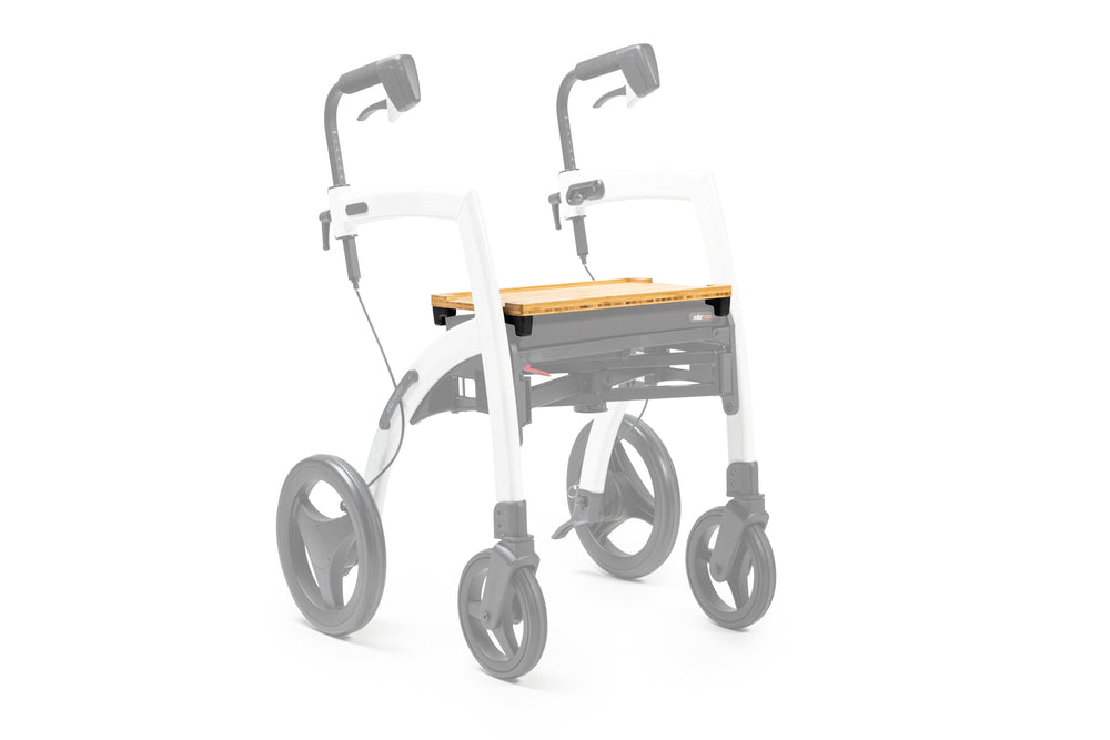 A 'Rollz Motion' walking frame with a wooden tray attached, on a white background