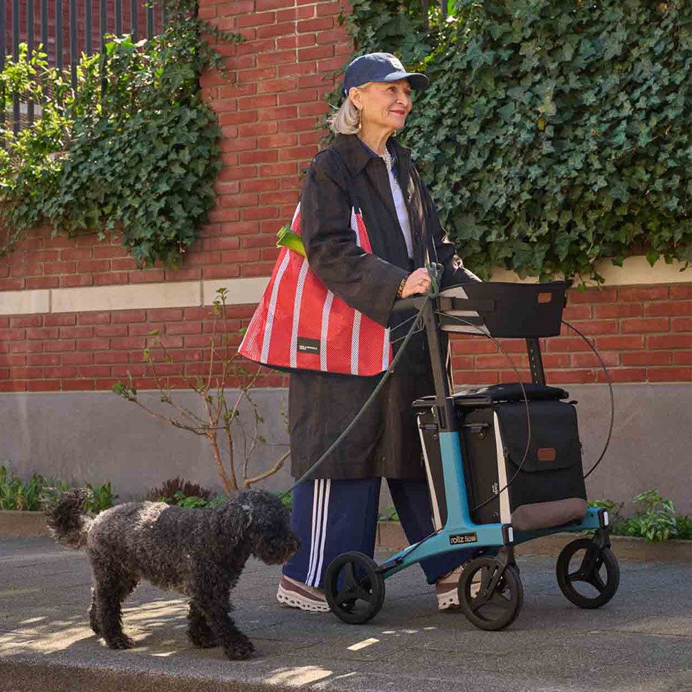 Woman walking a dog with a blue rollator and red bag in an urban setting