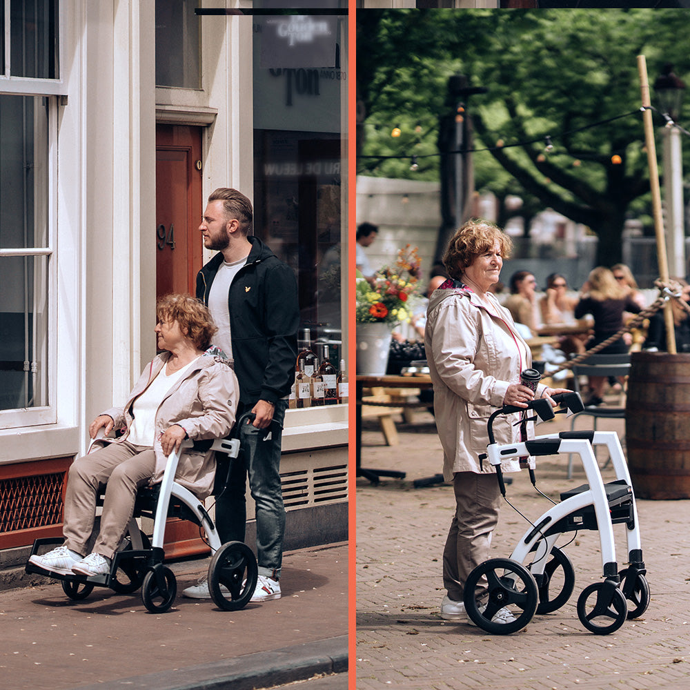 A woman sits in a 'Rollz Motion' wheelchair on the left. On the right, she uses the 'Rollz Motion' as a rollator.