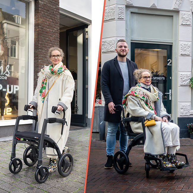 On the left, a well-dressed woman stand with the Rollz Motion walking frame on a bricked-tiled street. On the right, the same woman now sits in the walking frame which has been converted into a wheelchair and is being pushed by her adult son.  