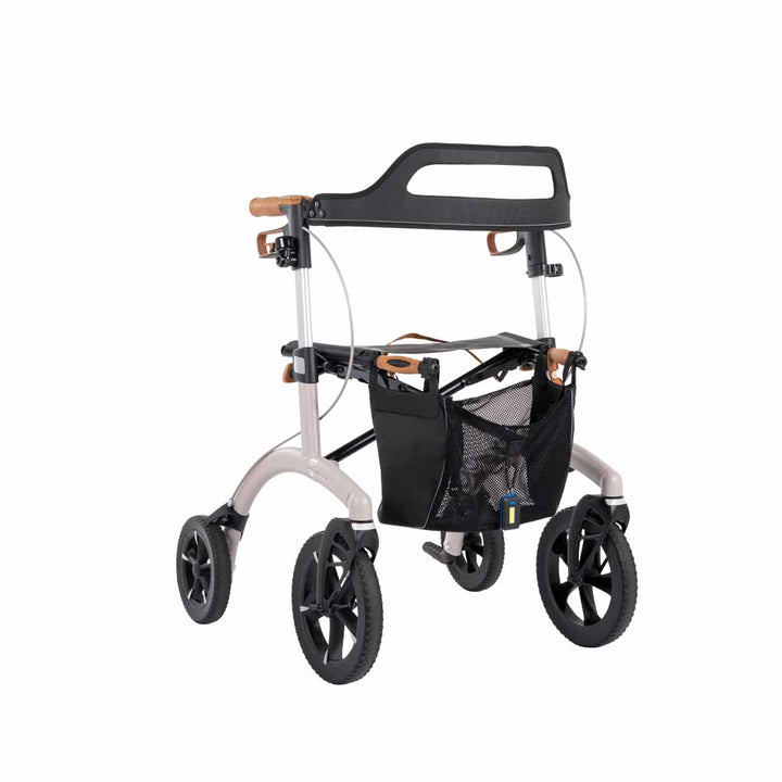 Small size Saljol Allround Walker Rollator in Pearl Grey with back support and bag on wahite background