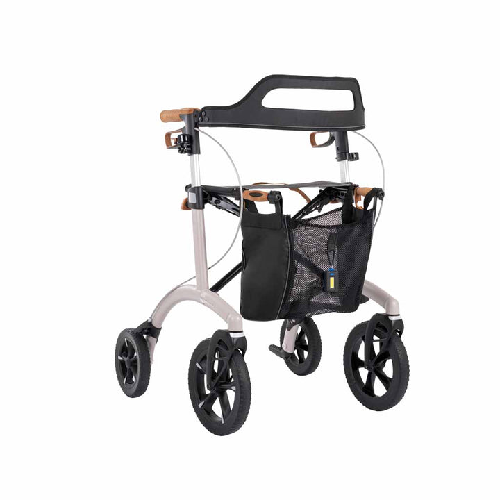 Regular size Saljol Allround Walker Rollator in Pearl Grey with back support and bag on wahite background