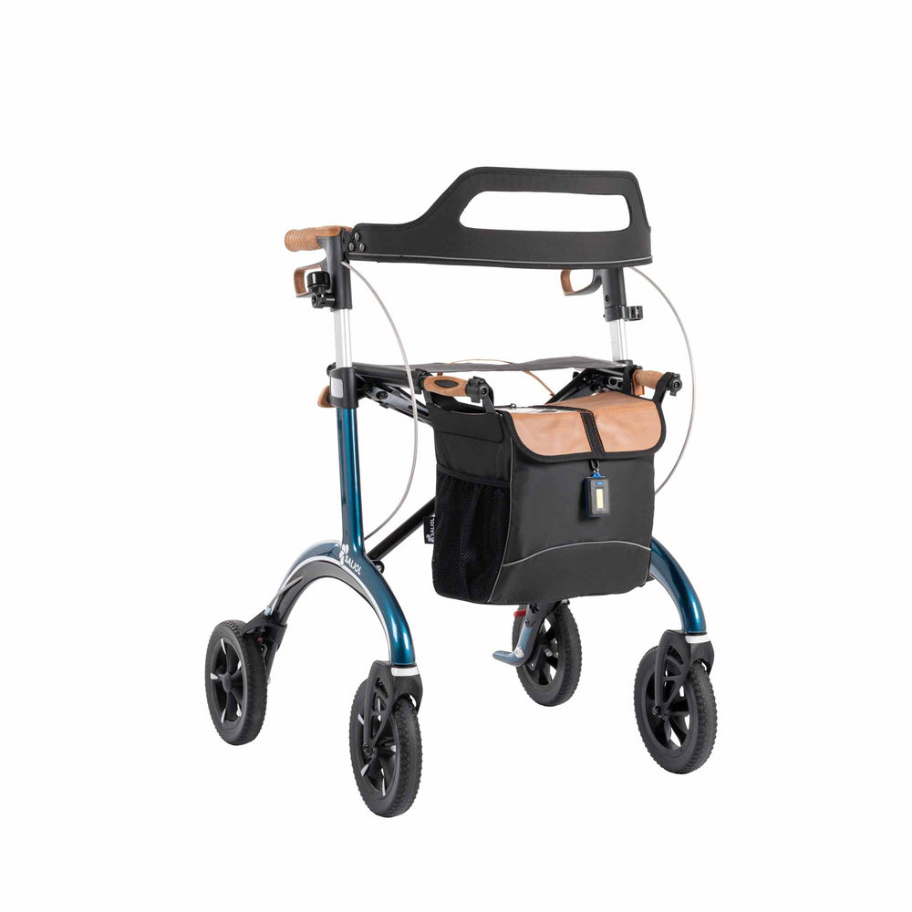 Blue Saljol Carbon Fibre Walker Rollator with back rest bag seat and light