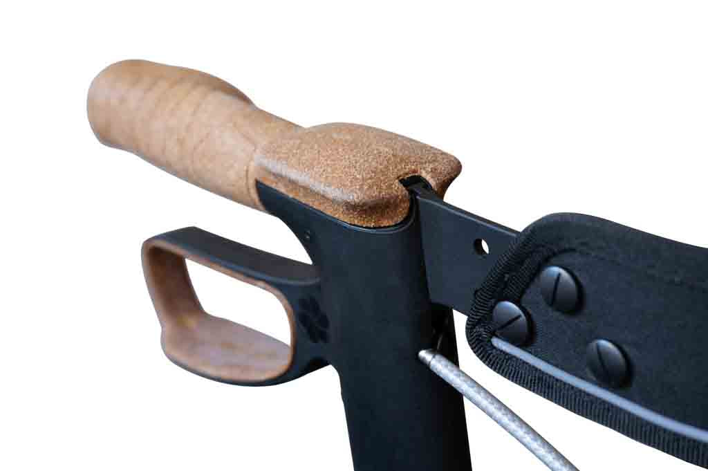 a close up of the handle on a carbon fibre Saljol rollator on a white background