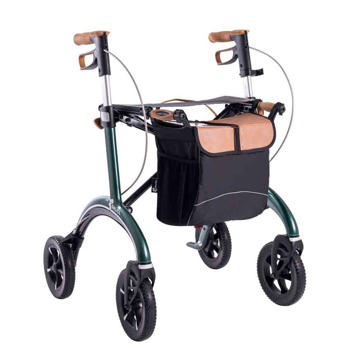 A green carbon fibre Saljol rollator on a white background