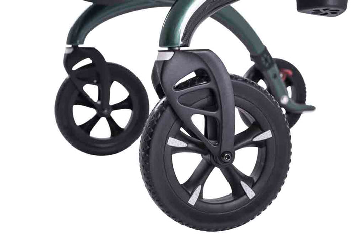 a close up of the wheels on a carbon fibre Saljol rollator on a white background