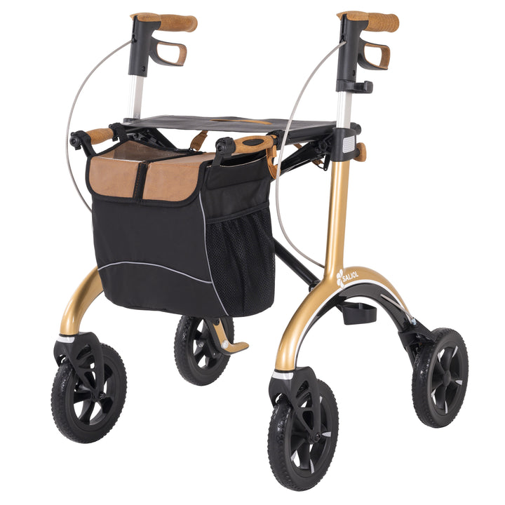 The gold Saljol walking frame with bag attached on a white background