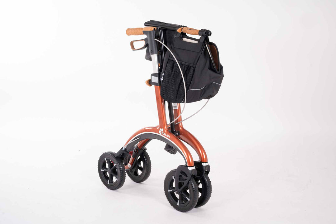 Red Saljol Carbon Fibre Walker Rollator with back rest bag seat and light in folded postition