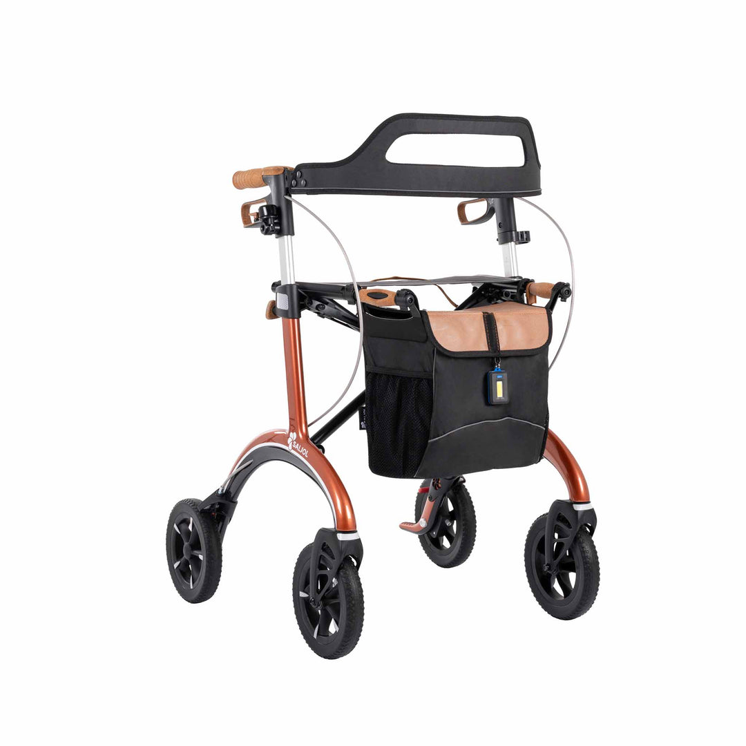 Red Saljol Carbon Fibre Walker Rollator with back rest bag seat and light
