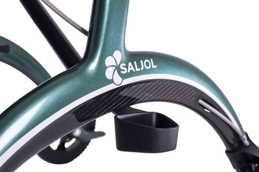 A close up on the Saljol logo on a green walker rollator