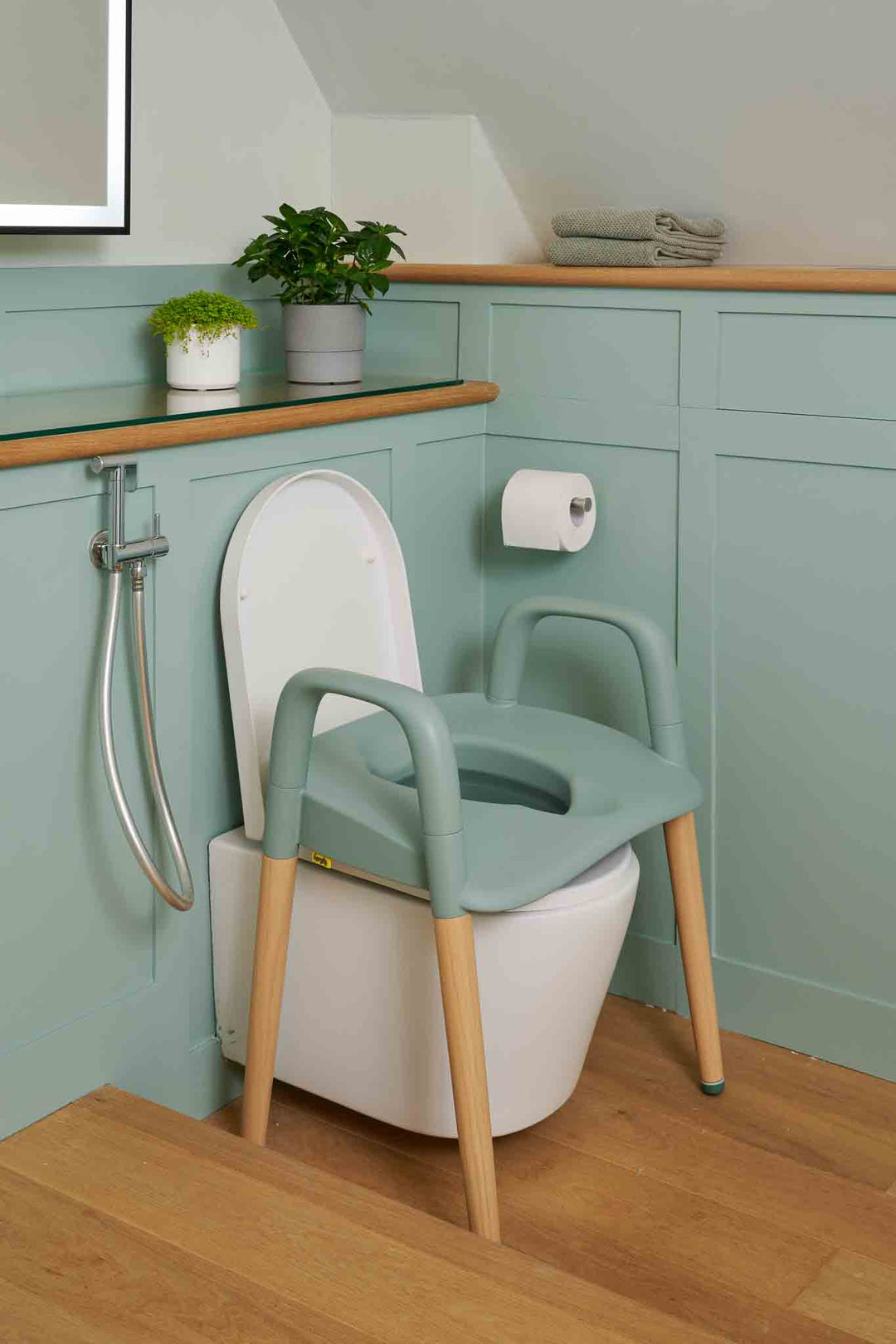 Raised Toilet Seat used from support over a toilet in a modern bathroom.