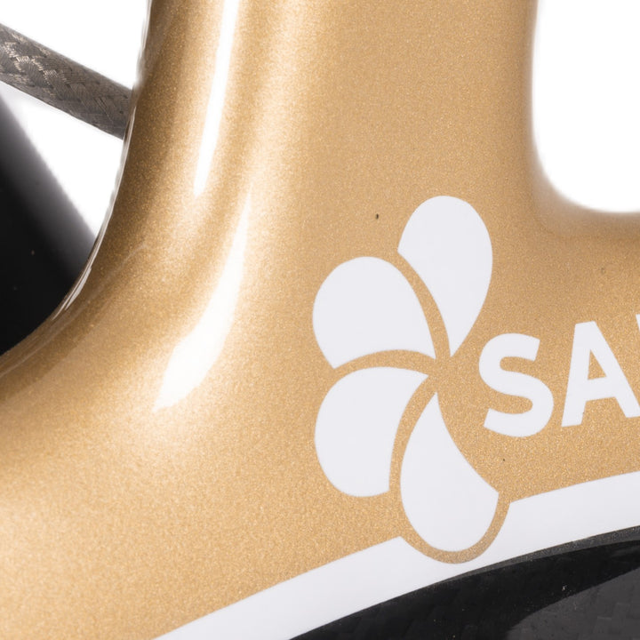 Close up of the Saljol logo on a gold walking frame