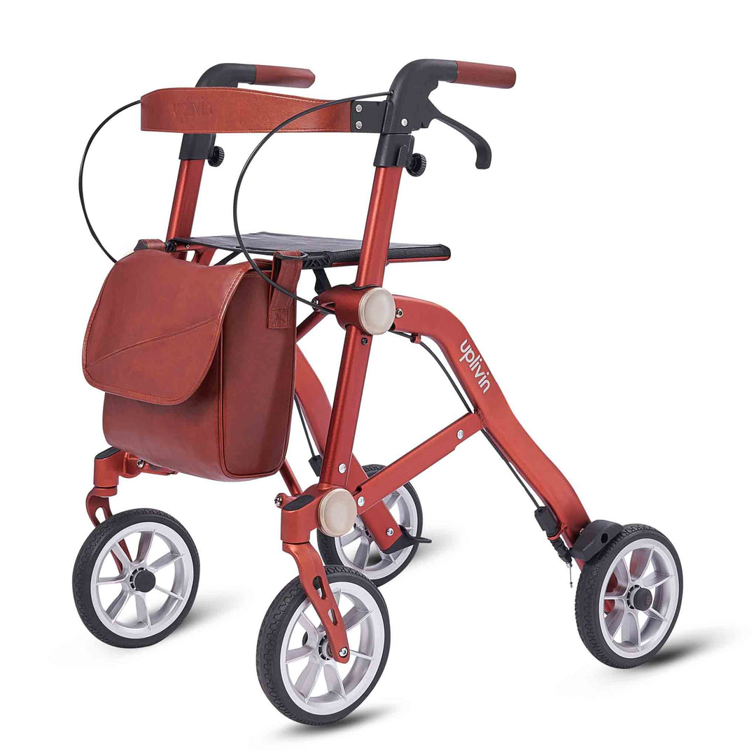 A red 'Uplivin Trive' rollator walking frame with a bag on a white background.